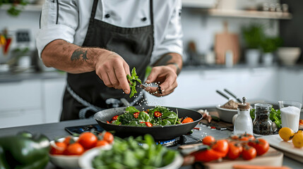 Sous-chef preparing dish with fresh herbs in modern kitchen