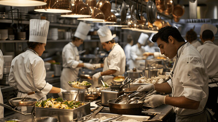 Kitchen staff working together in high-end restaurant kitchen