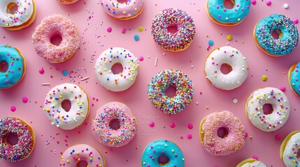Top view illustration of donuts with pink, blue and white cream and colorful sprinkles. 