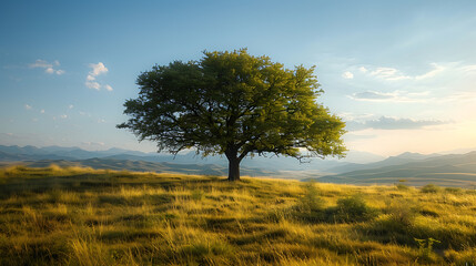 Fototapeta premium Serene Tree on a Hilltop with Scenic Mountain Views