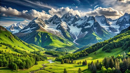 Spectacular mountain view with snow-capped peaks and lush green valleys, mountains, scenery, landscape, nature