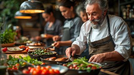 Group of Middle-Aged Friends Cooking Together in a Cozy Kitchen