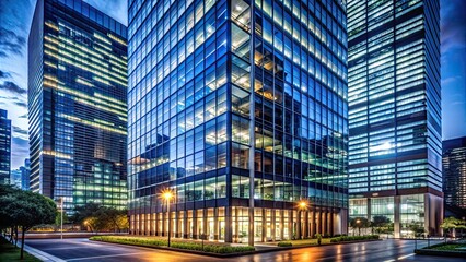 A modern skyscraper illuminated at night with city lights reflecting off its glass facade, building, night
