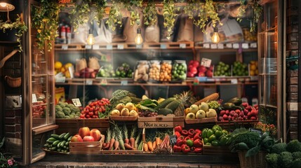 Charming street vegetable market with fresh produce. Cozy market stall with organic foods. Perfect for promoting sustainability or healthy eating. Beautiful, rustic style marketplace setting. AI