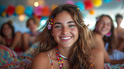 Joyful High School Graduates Celebrating with Colorful Decorations