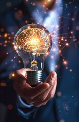 Hand Holding a Lightbulb with a Brain Inside