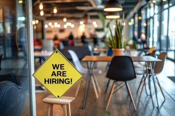 WE ARE HIRING text at co working space