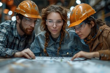 A trio of young engineers with hard hats are closely studying construction plans, showing teamwork, focus, and expertise as they prepare for their technical tasks in a workshop.