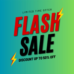 Special offer discount up to 50 percent, Banner template design with red and black color text isolated on gradient blue and green background, special offer sales promotion. vector illustration