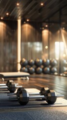 Modern Fitness Room with Vertical 3D Rendered Dumbbells on the Floor for Gym Concept