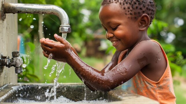 Hygienic Child Washing Hands with Clean Water from Faucet