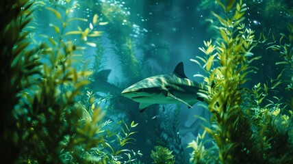 Fototapeta premium Hai schwimmt in mystischen Ozean und ist auf Nahrungssuche, 