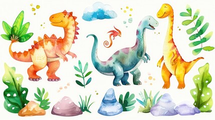 Watercolor illustrations of cute dinosaurs such as T. rex, triceratops, brontosaurus and pterodactyl. Dinosaurs are drawn in bright, vibrant colors, surrounded by simple plant elements and rocks