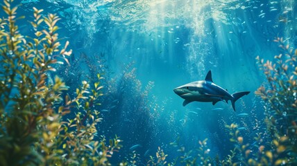 Fototapeta premium Hai schwimmt in mystischen Ozean und ist auf Nahrungssuche, 