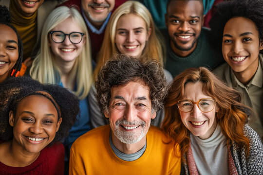 Many different smiling people look at the camera. Multi-ethnic group portrait of the USA. Different skin tones Human DNA concept. . Young adulthood. Relationships between ages. Friendship.