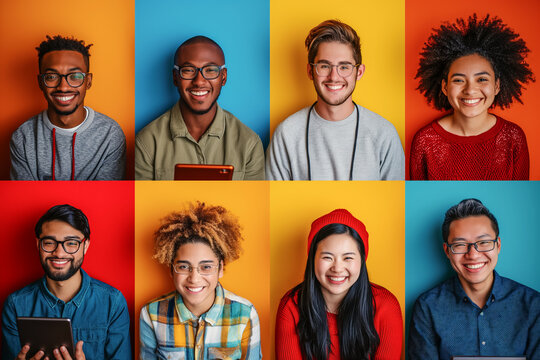 Many different smile people look camera collage. Lot mix race guy face. Multi ethnic us group portrait. All girl team head shot. Various skin tone Human dna concept. Gender unity bond. Young adult age