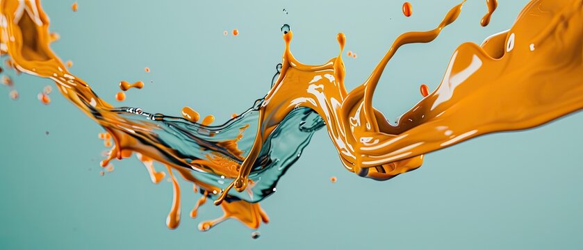 Dynamic splash of orange liquid and blue water against a teal background, creating a striking color contrast in motion.