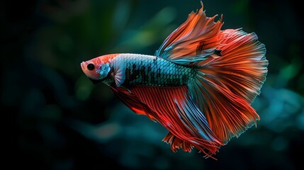 Obraz premium Vibrant Maroon and Turquoise Betta Fish Swimming Gracefully in Still Water