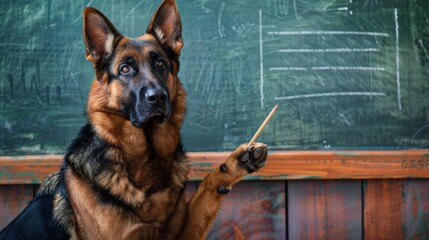 A German Shepherd dog sitting in front of a chalkboard, holding a pointer, humorously posed as if teaching.