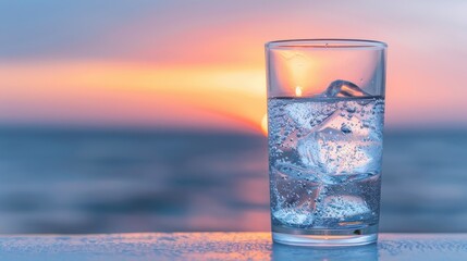 Glass of Water with Ice at Sunset.
