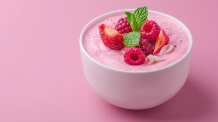 Pink Smoothie Bowl with Strawberries and Raspberries.