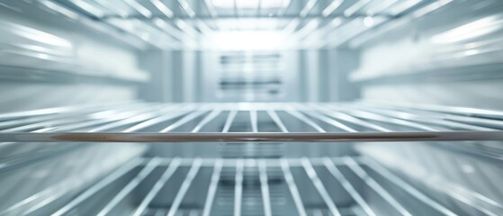 Obraz premium Modern Kitchen Essential: Pristine Refrigerator with Empty White Wire Shelves and Bright Light