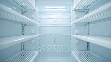 Fototapeta premium Modern Minimalist Kitchen Interior with Empty White Refrigerator, Emphasizing Organization and Cleanliness