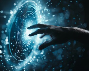 Hand interacting with spinning data flow, digital processing visualization backdrop