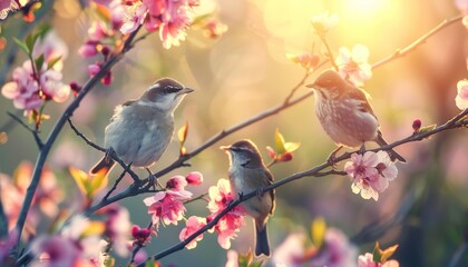 Fototapeta premium Birds chirping blissfully on blossoming tree branches under spring sunlight, seasonal background