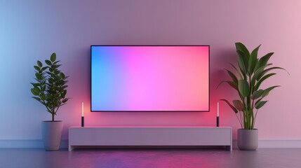 Modern Living Room with TV and Plants in Pink and Blue Gradient Lighting.