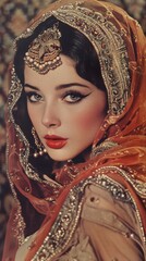A woman wearing a beautiful, richly ornamented head covering gazes directly at the viewer