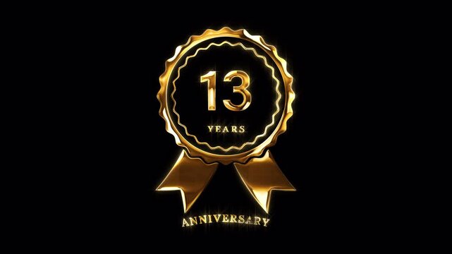13th Anniversary Celebration. Happy 13 Years Anniversary Animation in Gold Color on the Transparent Background, Alpha Channel. Great for greetings, celebrations, events, and gifts.