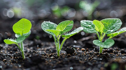 A close-up of sprouting soybean plants emerging from moist soil, with tiny water droplets glistening on the plants.