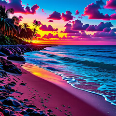 노을이 지는 아름다운 해변의 전경