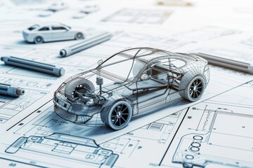 Automobile 3d model on engineering schematics   manufacturing and design concept