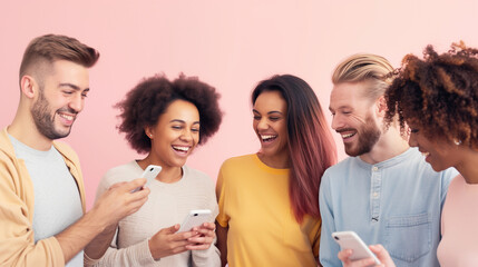 Fototapeta premium a group of friends casually enjoying each other's company, sharing a laugh while looking at a smartphone. The background features a soft pink wall, emphasizing the relaxed and fun