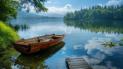 Tranquil lake scene with a row boat and wooden bridge, calm water and scenic sky, perfect for a relaxing escape