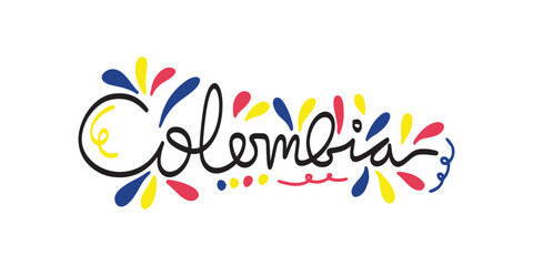Hand written lettering  Colombia with decorative elements in flag colors.
