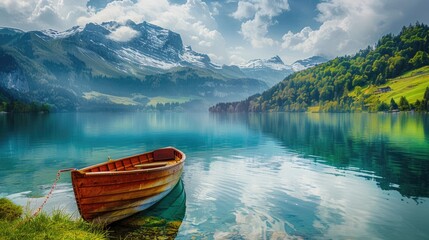Obraz premium Tranquil mountain lake with a Saanen fishing boat, perfect for capturing the beauty of nature and relaxation