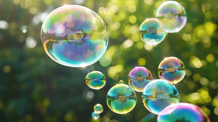 Colorful soap bubbles floating in the air, sunlight background.