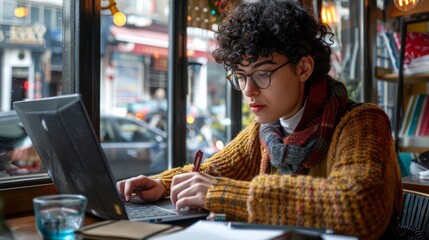 Young Writer Crafting Novel in Bustling Urban Café - Creative Work and Inspiration