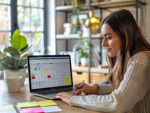 Businesswoman organizing calendar appointments on laptop for efficient time management