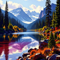 거대 산맥 사이로 흐르는 호수 풍경