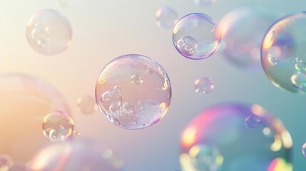 Close-up of iridescent soap bubbles floating in the air.