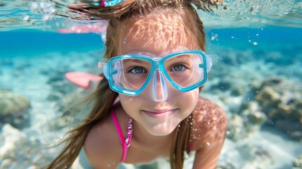 Naklejka premium Underwater portrait of a smiling girl wearing diving goggle. Vibrant summertime