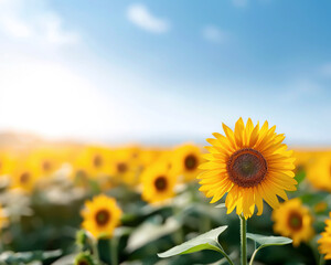 Fototapeta premium A vibrant sunflower stands tall in a field, basking in the warm sunlight under a bright blue sky. Nature's beauty at its best.