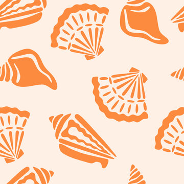 Bright seashell vector seamless pattern. Monochrome orange scallop and spiral shell silhouettes in modern hand drawn flat style on light background. Cute simple summer nautical repeat design