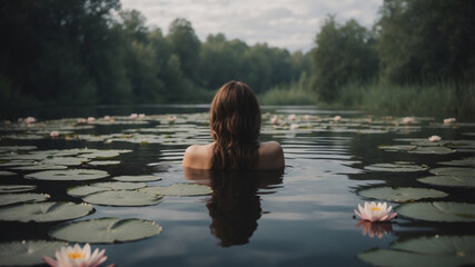 Fototapeta premium woman swimming in lake with water lilies