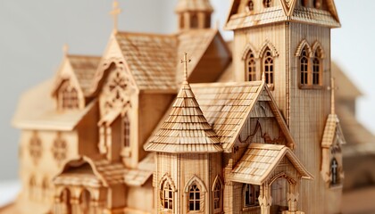 A detailed hand-carved wooden model of an old country church featuring a steeple and small windows set against a white background The grain of the wood adds texture and warmth