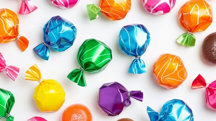 A bunch of colorful candy wrapped in plastic. The candy is in various colors and shapes. The candy is arranged in a way that creates a visually appealing and colorful display